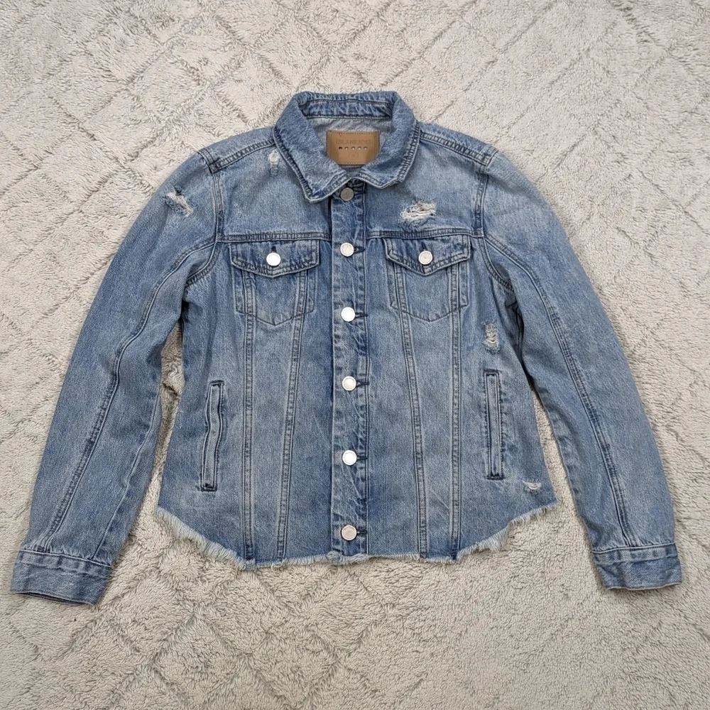 Blank NYC Jacket Women's S Blue Rise Above Distressed Denim Button Up Frayed